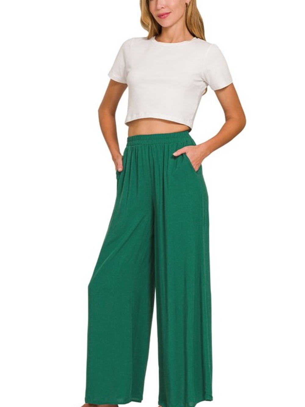 NWT 2 pc Set Zenana Woven Short Sleeve & Long Wide Legs Pants Set black - Picture 3 of 8